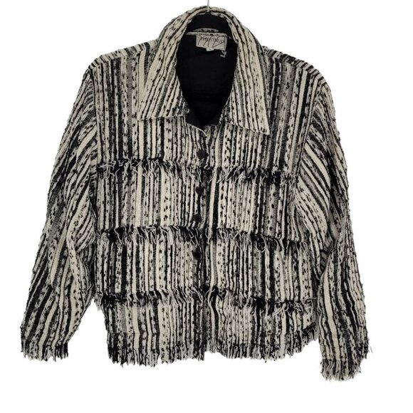 Silver stream womens small black white stripe dot tweed fringe button up jacket - Picture 1 of 11